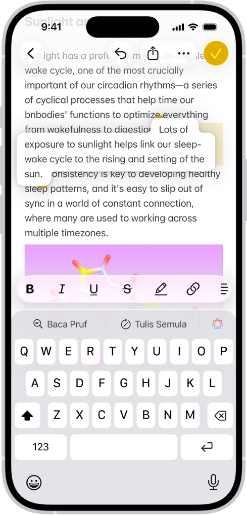 Dokumen terbuka dalam app Nota. Papan kekunci atas skrin berada di separuh bawah skrin. Teks dipilih diangkat dalam dokumen untuk dialihkan ke lokasi baharu.
