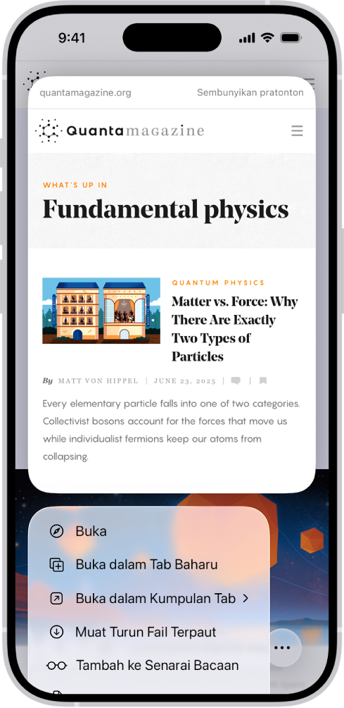 Pratonton tapak web diikuti oleh senarai tindakan yang boleh: Buka, Buka dalam Tab Baharu, Buka dalam Kumpulan Tab, Muat Turun Fail Dipautkan dan Tambah ke Senarai Bacaan.