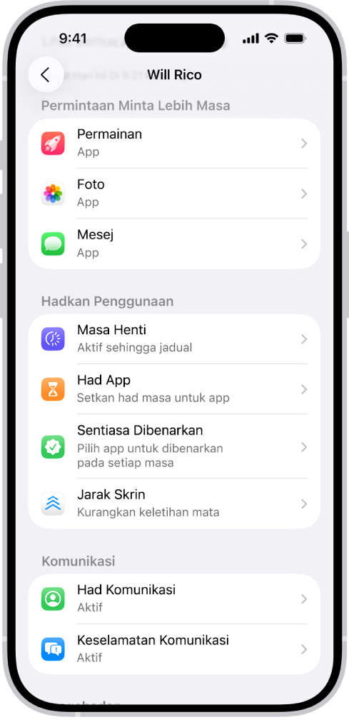 Skrin untuk anak dalam kumpulan Perkongsian Keluarga, menunjukkan bahagian untuk Minta Lebih Masa.