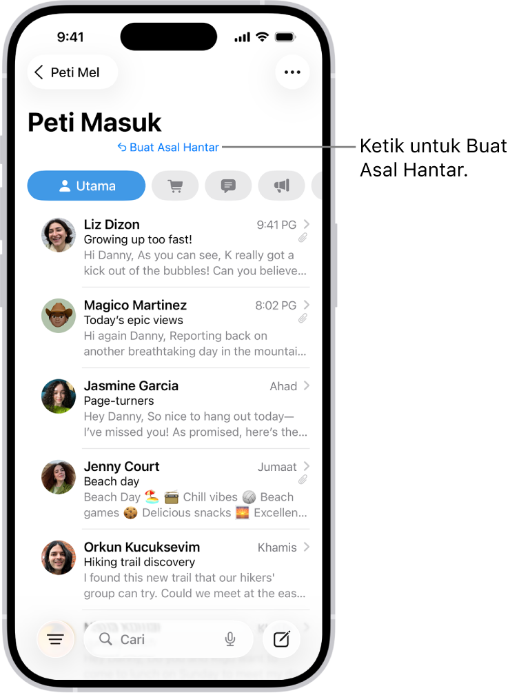 Peti masuk, menunjukkan senarai mesej. Butang Buat Asal Hantar (untuk menarik balik mesej terbaru dihantar) berada di bahagian tengah bawah skrin.