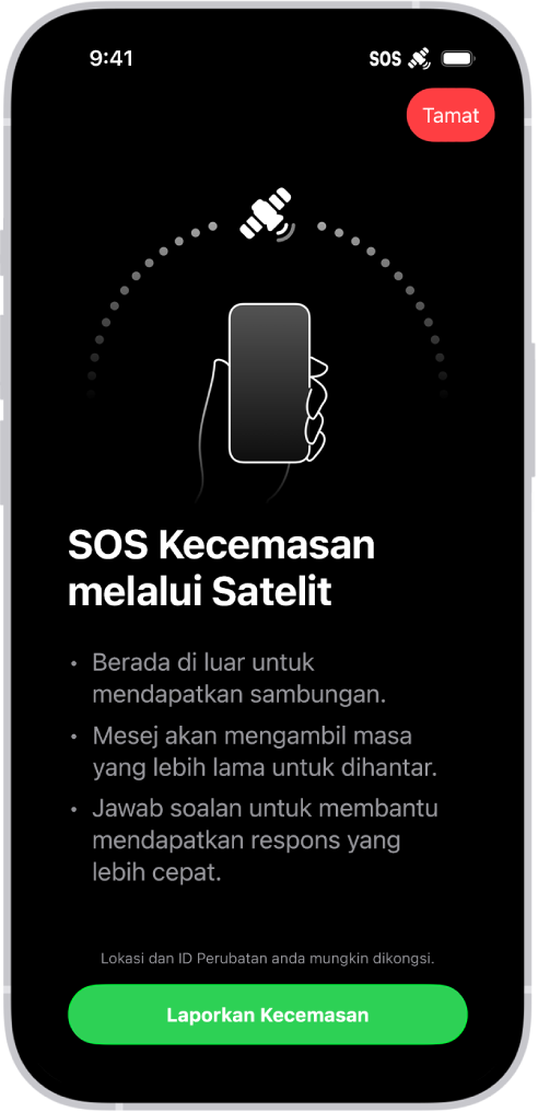 Skrin SOS Kecemasan, menunjukkan yang telefon disambungkan dan mengarahkan pengguna untuk terus menuding ke arah satelit. Butang Laporkan Kecemasan berada di bahagian bawah skrin.