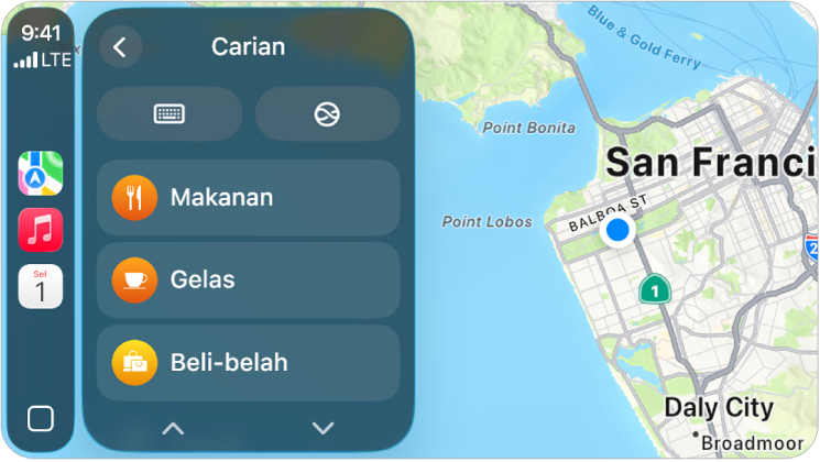 Skrin CarPlay menunjukkan peta San Francisco. Di sebelah kanan ialah butang lokasi, 3D, laporkan bahaya dan zum. Di bahagian bawah ialah butang Cari dan Destinasi.