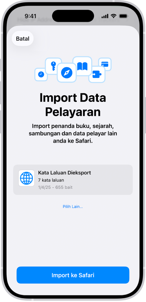 Skrin Import Data Pelayaran menunjukkan fail CSV kata laluan daripada pengurus kata laluan lain untuk diimport.