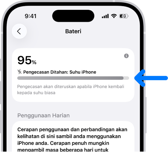 Kad maklumat pengecasan dalam seting Bateri iPhone. Kad menunjukkan bateri pada 95% dengan mesej “Pengecasan Ditahan: Suhu iPhone.” Nota di bawah menunjukkan bahawa pengecasan akan diteruskan apabila suhu iPhone kembali normal.