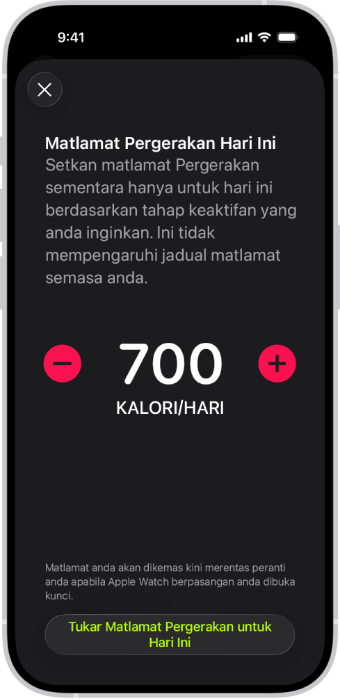 Skrin Jadual Matlamat Pergerakan Kecergasan menunjukkan butang untuk meningkatkan atau mengurangkan matlamat Pergerakan.
