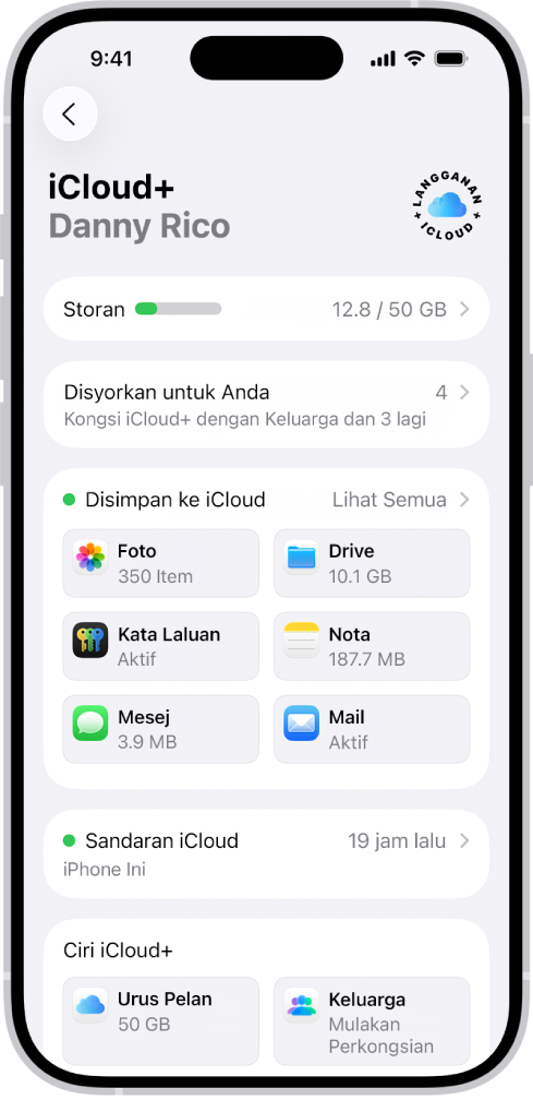 Skrin seting iCloud menunjukkan meter storan iCloud dan senarai app serta ciri.