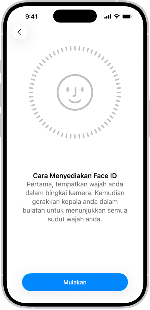 Skrin persediaan pengecaman Face ID. Muka ditunjukkan pada skrin, dikurung dalam bulatan. Teks di bawah muka mengarahkan pengguna untuk menggerakkan kepala mereka dengan perlahan untuk melengkapkan bulatan.