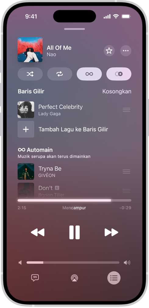 Skrin Kini Dimainkan menunjukkan baris gilir dengan Main Auto dan AutoMix diaktifkan. Lagu yang serupa kelihatan di bawah lagu dalam baris gilir.