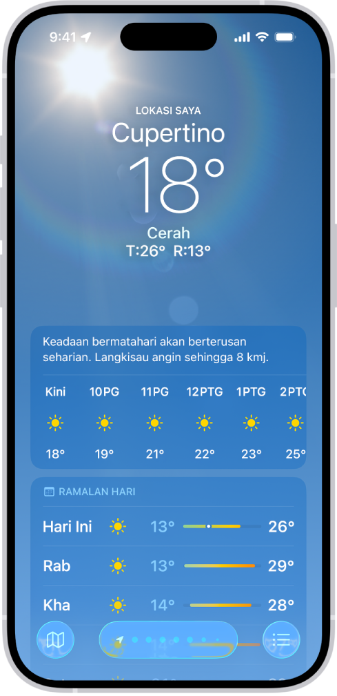 App Cuaca menunjukkan, dari atas ke bawah: lokasi, suhu semasa, suhu tinggi dan rendah untuk hari tersebut, ramalan mengikut jam dan beberapa hari pertama untuk ramalan 10 hari. Sebaris titik di bahagian tengah bawah mewakili lokasi lain dalam senarai lokasi. Di penjuru kanan bawah ialah butang Senarai Lokasi dan di penjuru kiri bawah ialah butang Tunjukkan Peta.