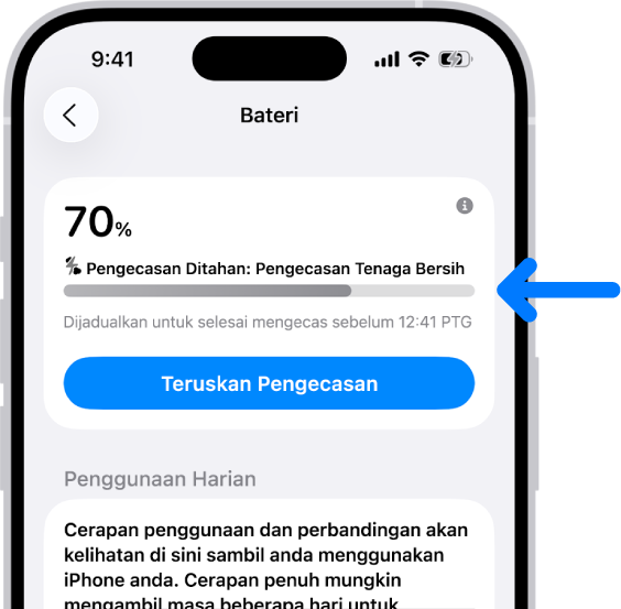 Kad maklumat pengecasan dalam seting Bateri iPhone. Kad menunjukkan bateri pada 70% dengan mesej “Pengecasan Ditahan: Pengecasan Tenaga Bersih.” Ia dijadualkan untuk selesai pada 12:41 PTG, dengan pilihan untuk “Teruskan Pengecasan”.
