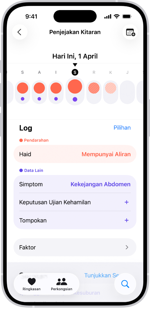 Skrin Penjejakan Kitaran menunjukkan garis masa untuk seminggu di bahagian atas skrin. Bulatan merah padu dan titik ungu menandakan 5 hari pertama pada garis masa. Di bawah garis masa ialah pilihan untuk menambah maklumat tentang haid, simptom dan banyak lagi.