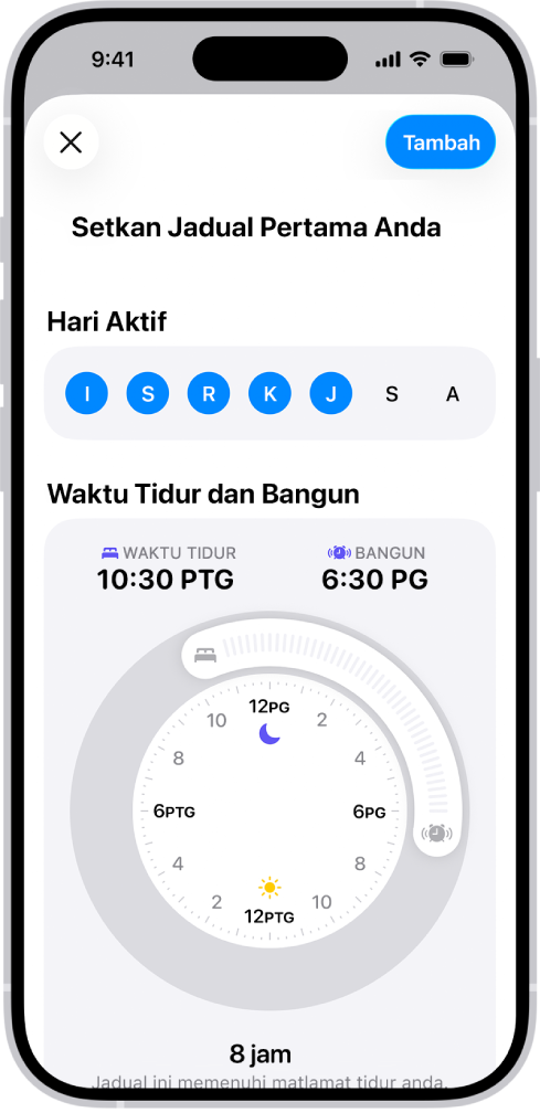 Skrin Setkan Jadual Pertama Anda dalam Kesihatan, dengan bahagian Hari Aktif dan jam Waktu Tidur dan Bangun.