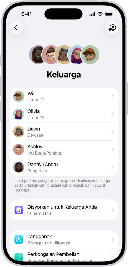 Skrin Perkongsian Keluarga dalam Seting. Lima ahli keluarga disenaraikan. Di bawah nama mereka ialah Senarai Semak Keluarga dan di bawahnya ialah pilihan Langganan dan Perkongsian Pembelian.