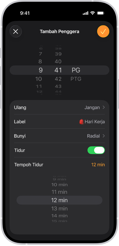Skrin Tambah Penggera dalam app Jam. Tidur diaktifkan dan Tempoh Tidur disetkan ke masa tersuai 12 minit.