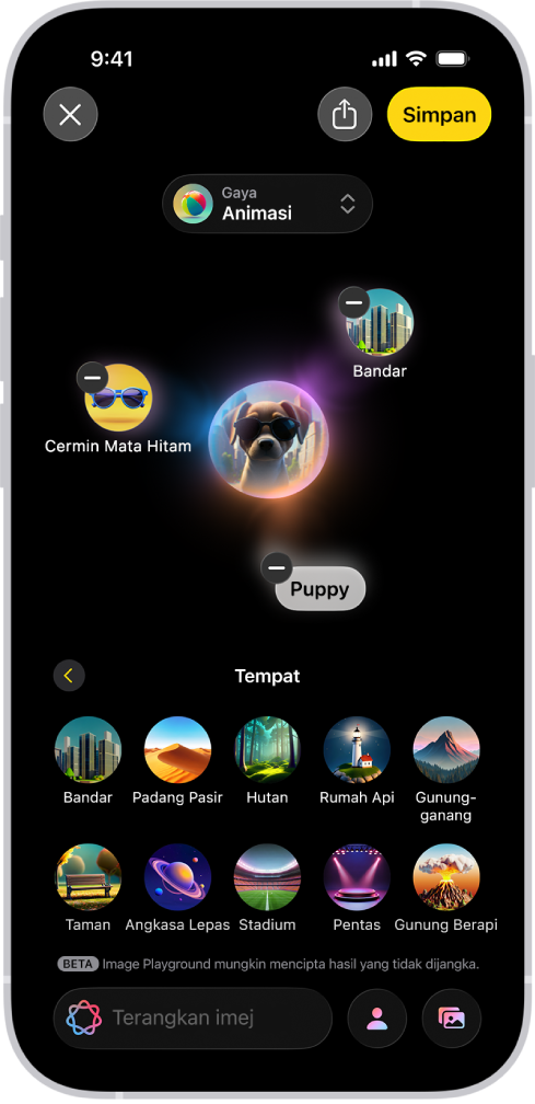 Tetingkap app Image Playground menunjukkan imej anjing memakai cermin mata hitam dicipta.