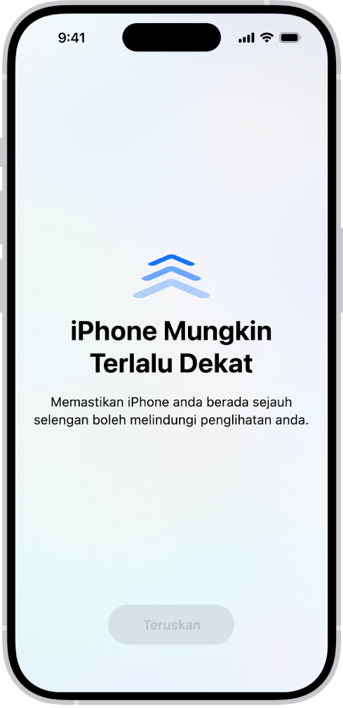 Skrin memberi amaran yang anda memegang iPhone terlalu dekat dan anda sepatutnya mengalihkannya lebih jauh untuk melindungi kesihatan penglihatan anda. Amaran meliputi skrin, menghentikan anda daripada meneruskan. Terdapat butang Teruskan yang menjadi aktif apabila anda mengalihkan iPhone anda ke jarak yang selamat.