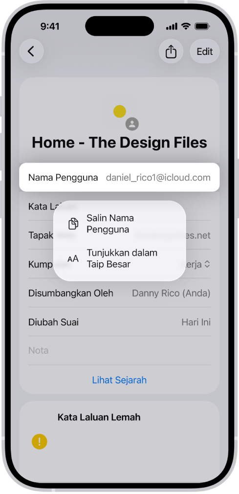 Skrin akaun menunjukkan nama pengguna yang diserlahkan dengan pilihan untuk Menyalin Nama Pengguna dan Tunjukkan dalam Taip Besar.