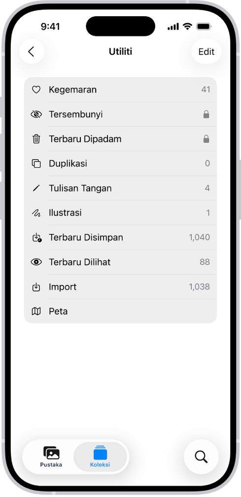 Dalam app Foto, koleksi Utiliti dibuka, menunjukkan senarai koleksi foto.