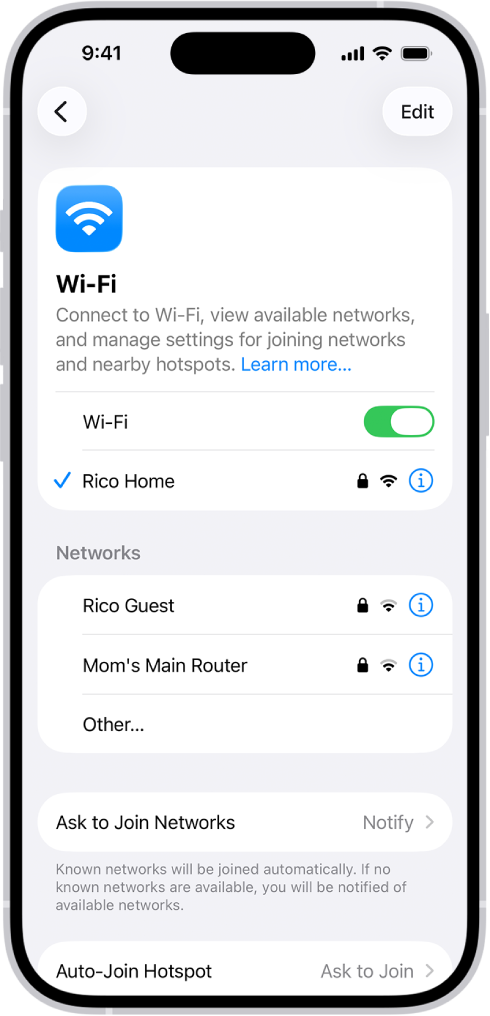 Wi-Fi ရွေးချယ်မှုဖန်သားပြင်ကို Settings တွင်ပြသည်။ Wi-Fi ကိုဖွင့်၍ ကွန်ရက်တစ်ခုကို ရွေးချယ်ထားသည်။