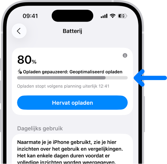 De kaart met oplaadinformatie in de iPhone-instellingen voor 'Batterij'. De kaart geeft aan dat de batterij voor 80% is opgeladen, met het bericht "Opladen gepauzeerd: Geoptimaliseerd opladen." Het opladen stopt volgens de planning uiterlijk om 12.41 uur, en er is een optie om het opladen nu al te hervatten.
