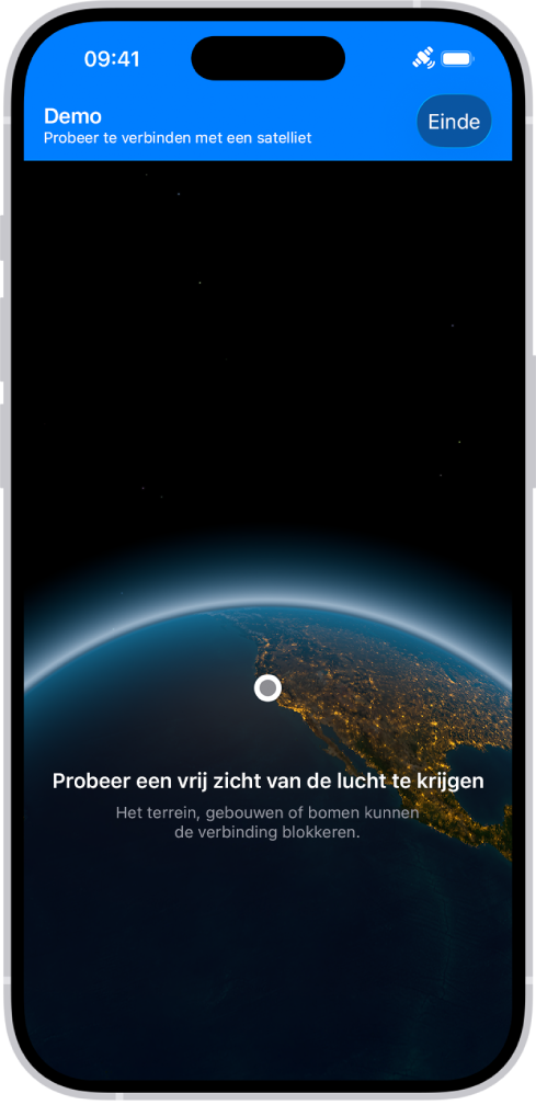 De demo voor satellietverbinding, te vinden in de Instellingen-app, geeft een voorvertoning van wat je ziet wanneer je de Berichten-app opent op een iPhone 14 of nieuwer en je buiten het bereik van een mobiel netwerk of wifinetwerk bent.