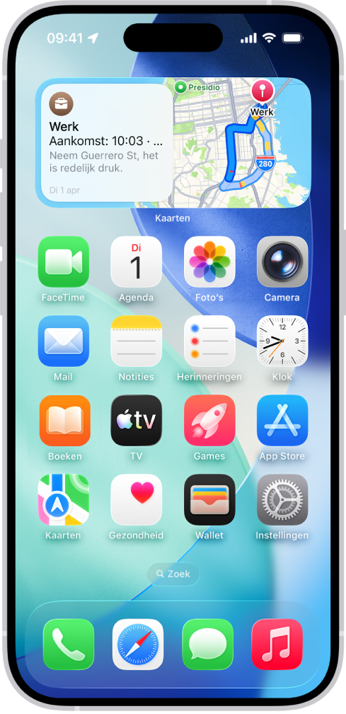 De Kaarten-widget, andere widgets en appsymbolen in het beginscherm van een iPhone.