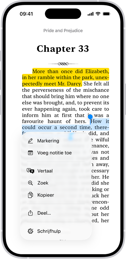 Een pagina van een boek in de Boeken-app waarbij een deel van de tekst op de pagina is geselecteerd. De regelaars 'Markering', 'Voeg notitie toe' en 'Vertaal' worden boven de geselecteerde tekst weergegeven.