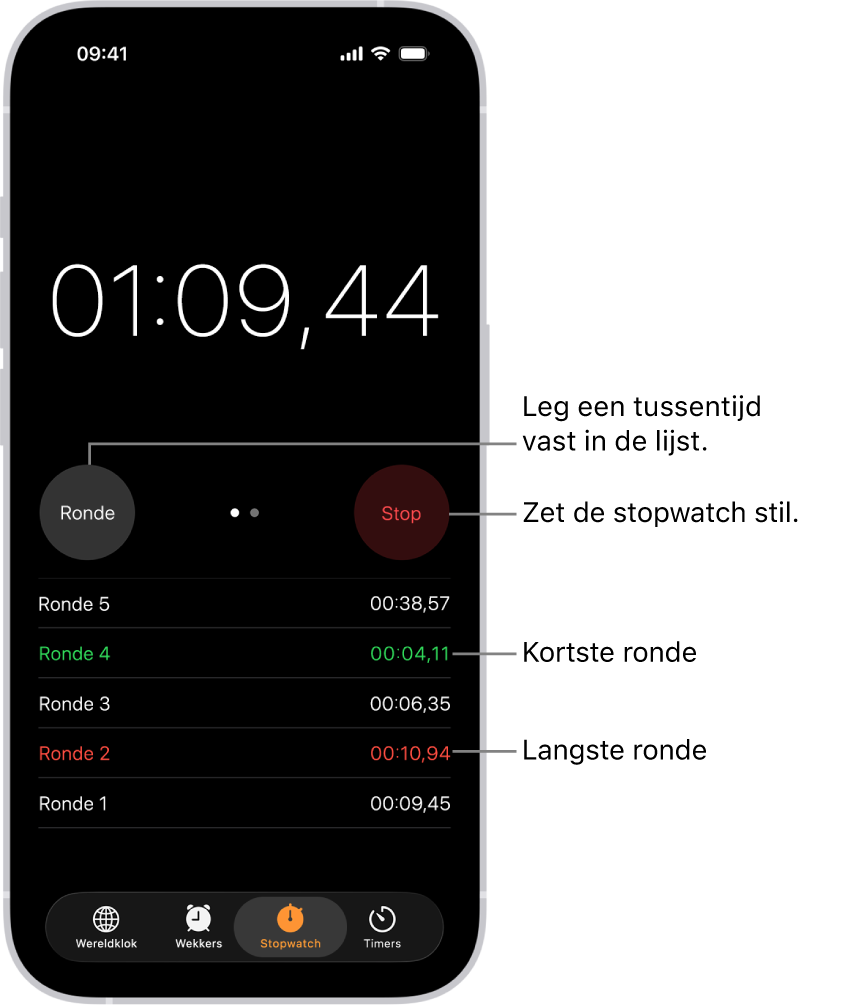 Op een stopwatch in de Klok-app is te zien hoeveel tijd in een gebeurtenis is verstreken en daaronder staan verschillende ronden binnen die gebeurtenis.