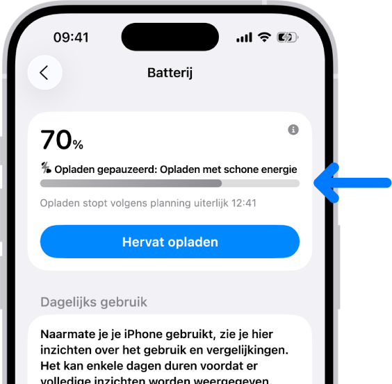 De kaart met oplaadinformatie in de iPhone-instellingen voor 'Batterij'. De kaart geeft aan dat de batterij voor 70% is opgeladen, met het bericht "Opladen gepauzeerd: Opladen met schone energie." Het opladen stopt volgens de planning uiterlijk om 12.41 uur, en er is een optie om het opladen nu al te hervatten.