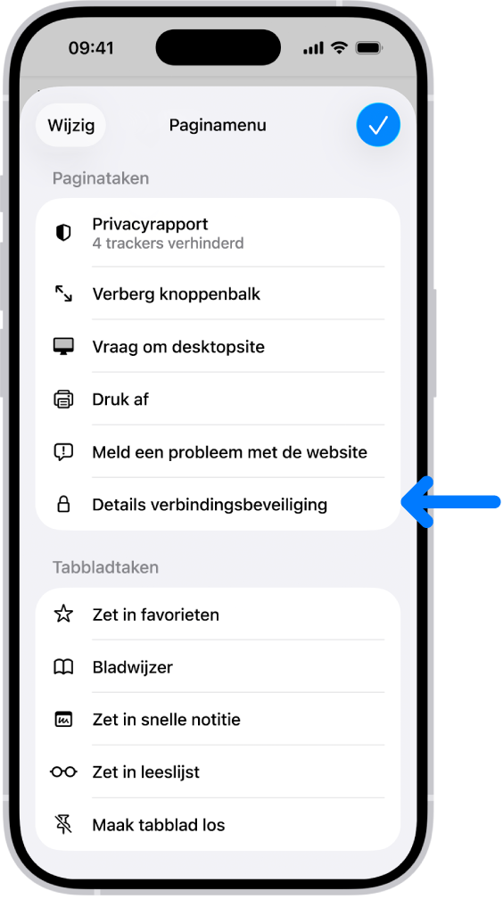 Het paginamenu is geopend in Safari en halverwege de pagina staat de regelaar 'Details verbindingsbeveiliging'.