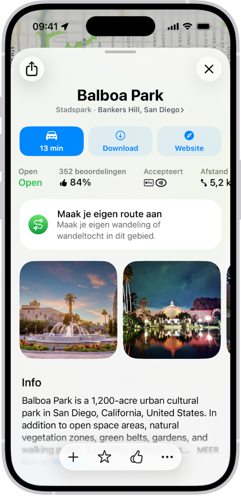 De informatiekaart voor een museum, met informatie over de openingstijden, beoordelingen, een beschrijving, foto's en knoppen om het te bellen, naar de website te gaan of kaartjes te kopen.