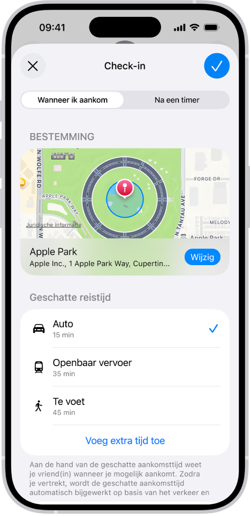 Een check-in met een kaart en geschatte reistijden voor 'Auto', 'Openbaar vervoer' en 'Te voet'. Onderin staat de knop 'Voeg extra tijd toe'.