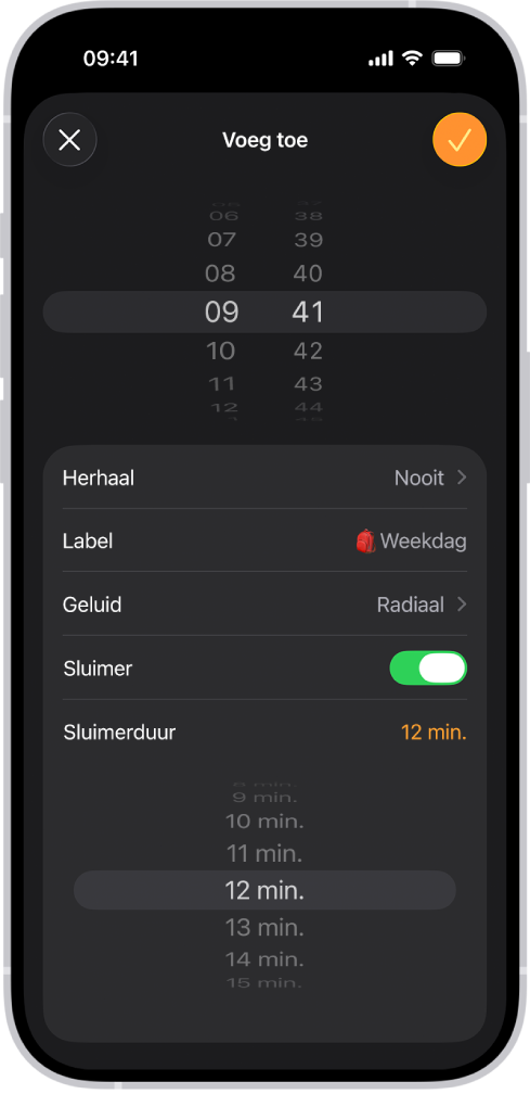Het scherm 'Voeg toe' in de Klok-app. De sluimertijd is ingeschakeld en de sluimerduur is ingesteld op een aangepaste tijd van 12 minuten.