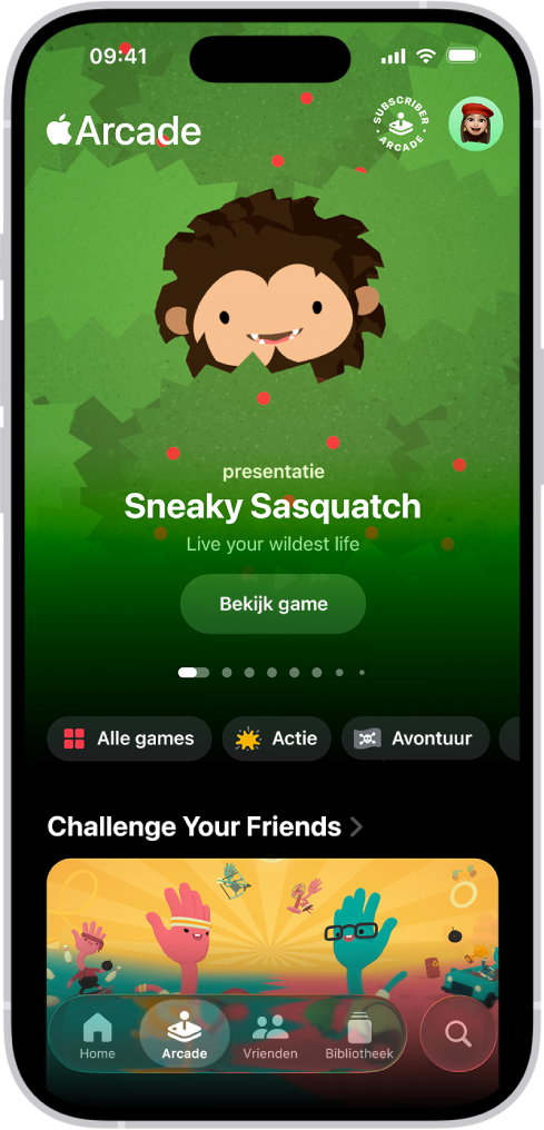 De Apple Games-app met het tabblad 'Arcade', met een illustratie ter promotie van een uitgelichte game. Onder in het scherm staan de tabs voor 'Home', 'Arcade', 'Vrienden', 'Bibliotheek' en 'Zoek'. De tab 'Arcade' is geselecteerd.