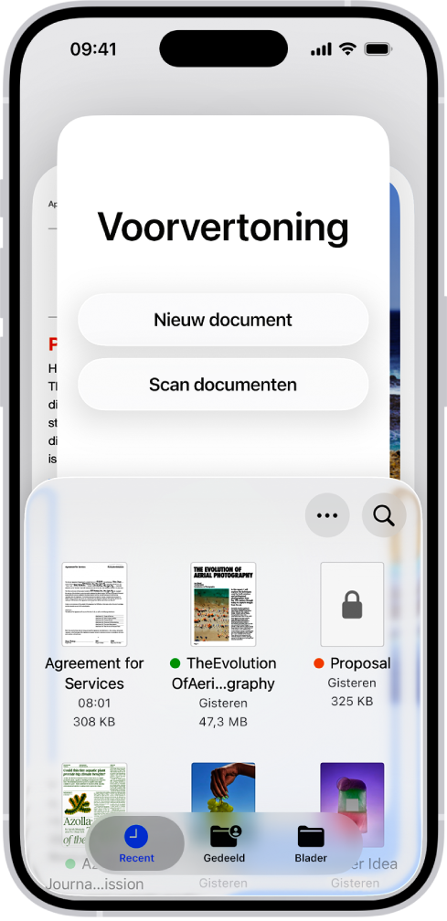 De documentkiezer in Voorvertoning. In het midden van het scherm staan de knoppen 'Nieuw document', 'Scan documenten', 'Meer' en 'Zoek'. Onder in het scherm staan de knoppen 'Recent', 'Gedeeld' en 'Blader'.