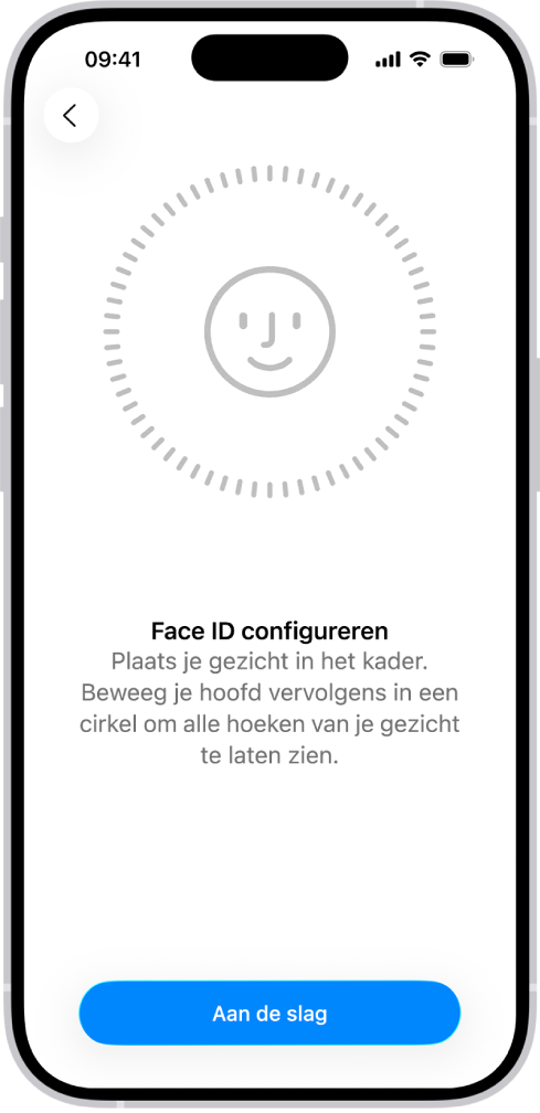 Het configuratiescherm voor Face ID-herkenning. Op het scherm is een gezicht in een cirkel te zien. Onder het gezicht wordt met tekst aangegeven dat gebruikers hun hoofd langzaam moeten bewegen om de cirkel rond te maken.