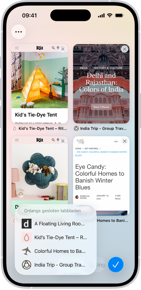 Voorvertoningen van geopende tabbladen zijn zichtbaar op het scherm. Linksonder in het scherm is de knop 'Nieuw tabblad' geselecteerd, waardoor een lijst met onlangs gesloten tabbladen wordt weergegeven.