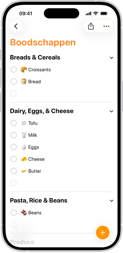 Een boodschappenlijstje in de Herinneringen-app.