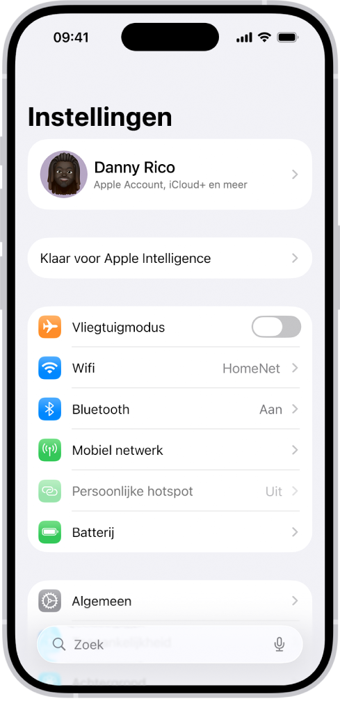 Het Instellingen-scherm, met bovenin het zoekveld en daaronder diverse instellingen, zoals 'Wifi', 'Meldingen' en 'Horen en voelen'.