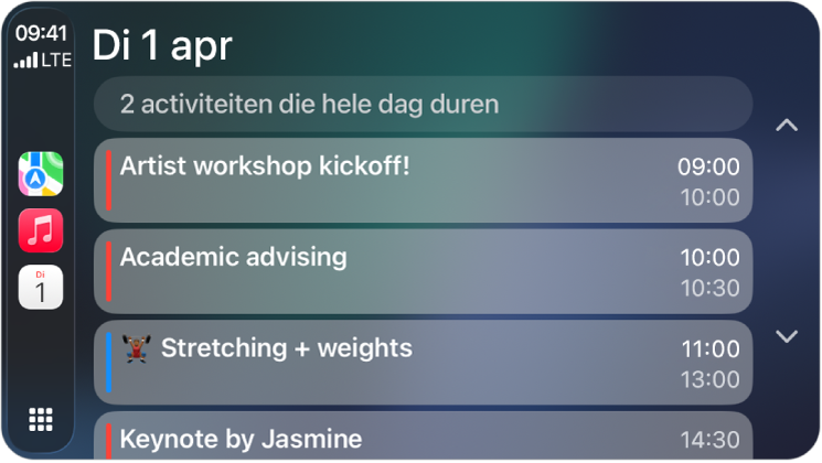 CarPlay met Kaarten, Muziek en Agenda in de navigatiekolom. Aan de rechterkant worden activiteiten voor maandag 5 juni weergegeven: portfoliowerksessie, workshop voor leiderschapsvaardigheden, voorbereiding van presentatie en oefenen met koor.