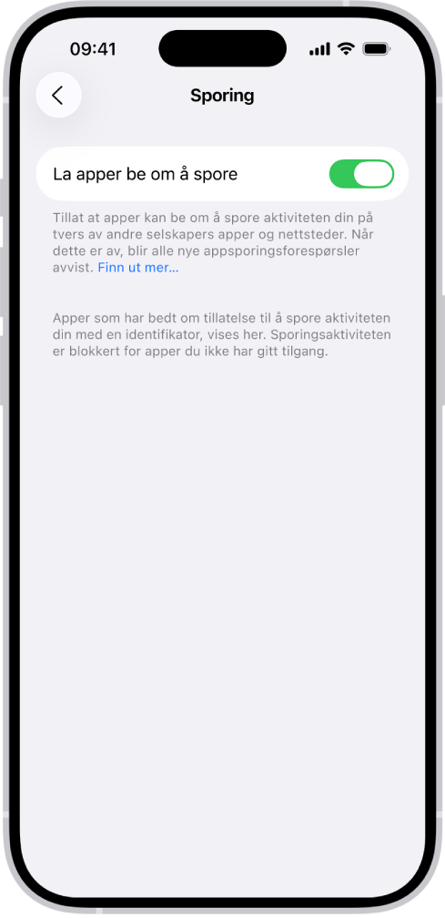 Sporing-skjermen, med en innstilling for å bestemme om apper kan be om tilgang til å spore deg på tvers av nettsteder eller apper som eies av andre selskaper.