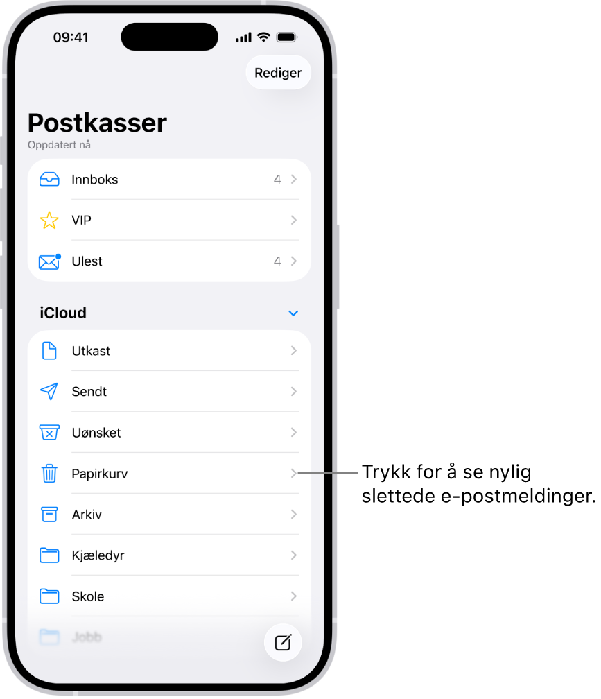 Postkasser-skjermen. Under iCloud vises postkasser fra øverst til nederst, inkludert Papirkurv-postkassen. Trykk på den for å se nylig slettede meldinger.