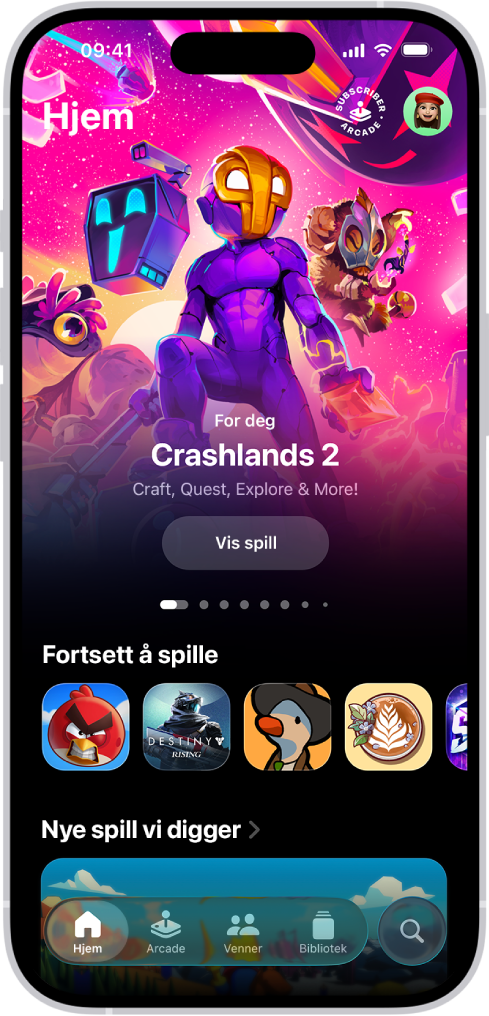 Hjem-fanen i Apple Games-appen viser spill du kan fortsette å spille, og nye utgivelser.