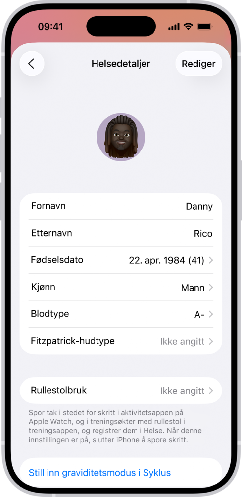 Helsedetaljer-skjermen med felter for navn, fødselsdato, blodtype og annen informasjon.