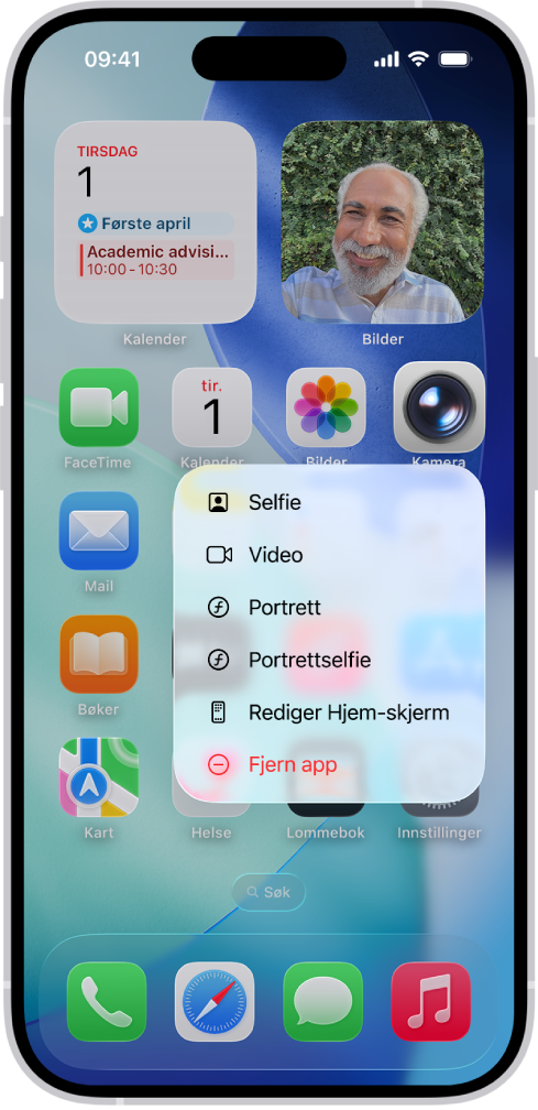 En uskarp Hjem-skjerm viser hurtigmenyen for Kamera under Kamera-appsymbolet.