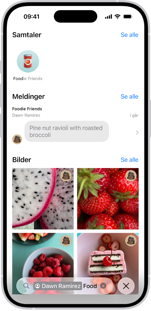 Søkeresultater vises i Meldinger-appen. Søkefeltet inneholder en etikett som begrenser søket til meldinger fra én person.