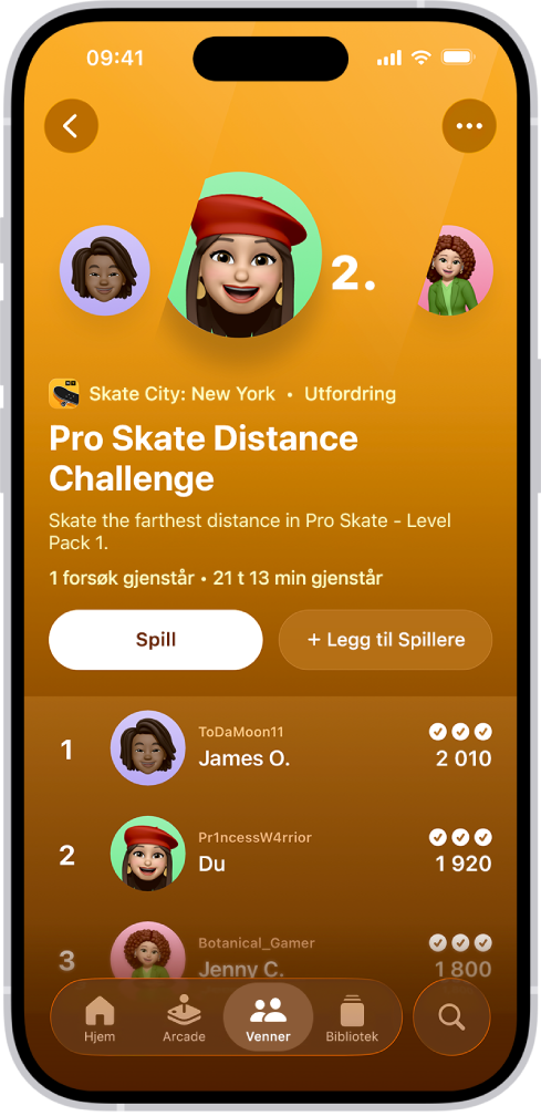 Venner-fanen i Apple Games-appen viser en aktiv spillutfordring, ledertavlen og framdriftsmerker.