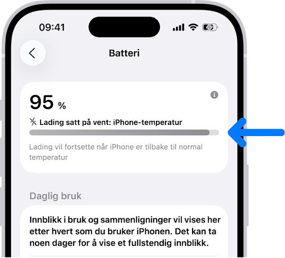 Ladeinformasjonskortet i Batteri-innstillinger på iPhone. Kortet viser at batteriet er på 95 %, med meldingen «Lading satt på vent: iPhone-temperatur». En merknad under forklarer at ladingen fortsetter når iPhone-temperaturen er normal igjen.