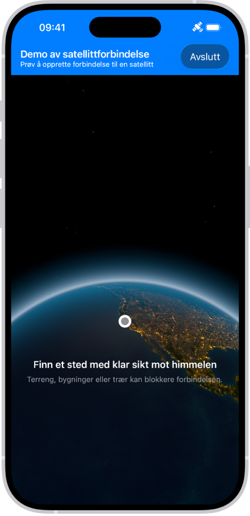 Demonstrasjon av tilkobling til satellitt, som er tilgjengelig i Innstillinger-appen, gir en forhåndsvisning av hva du ser når du åpner Meldinger-appen på en iPhone 14 eller nyere og ikke har mobil- eller Wi-Fi-dekning.