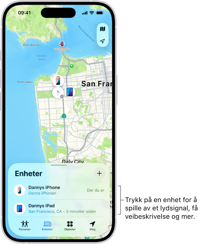 Hvor er-skjermen, som viser Enheter-listen. Det er to enheter i Enheter-listen: Dannys iPhone og Dannys iPad. Posisjonene deres vises på et kart.
